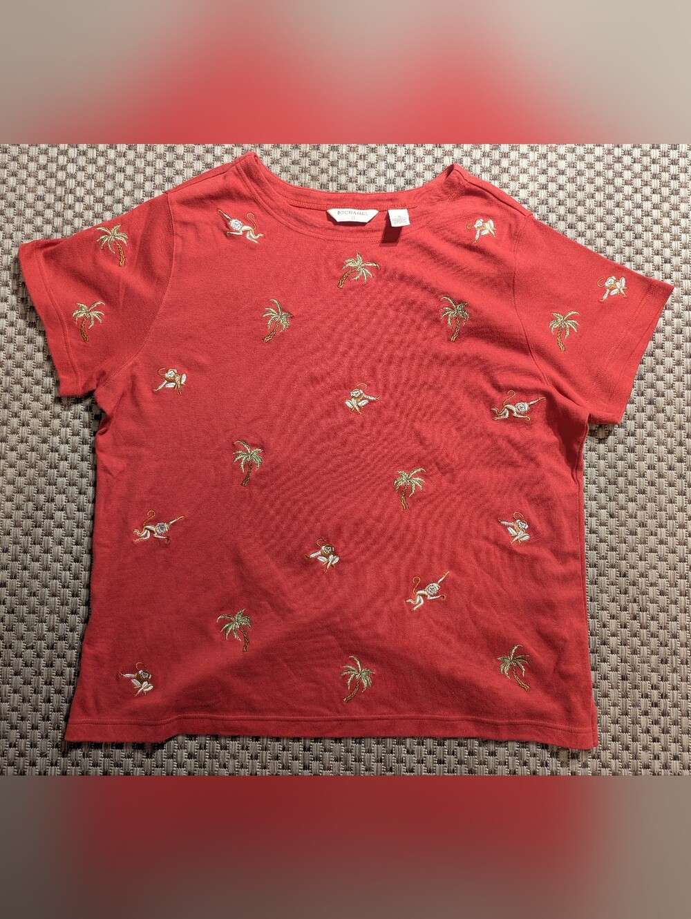 Bechamel Vintage Embroidered Tropical Palm Trees Monkeys 100% Cotton T-Shirt 1X